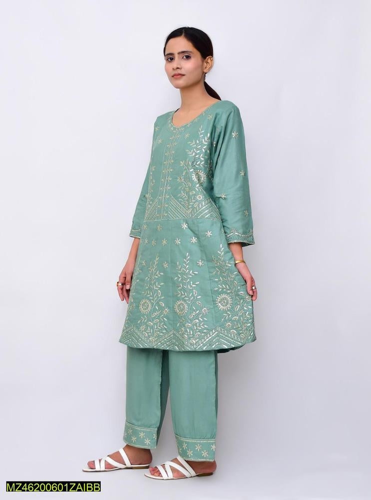 Two pieces women stitched linen frock suite Markaz