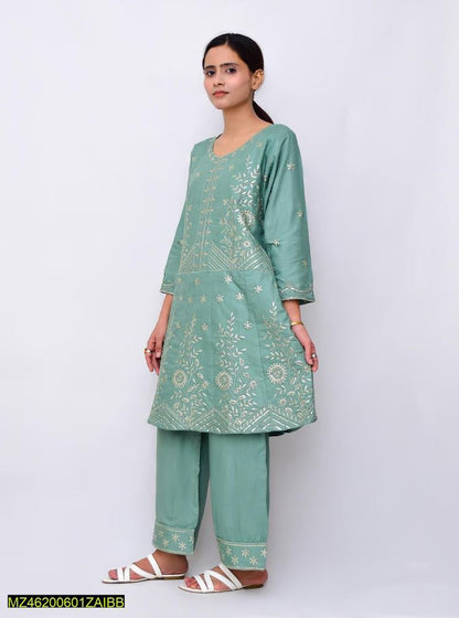 Two pieces women stitched linen frock suite Markaz