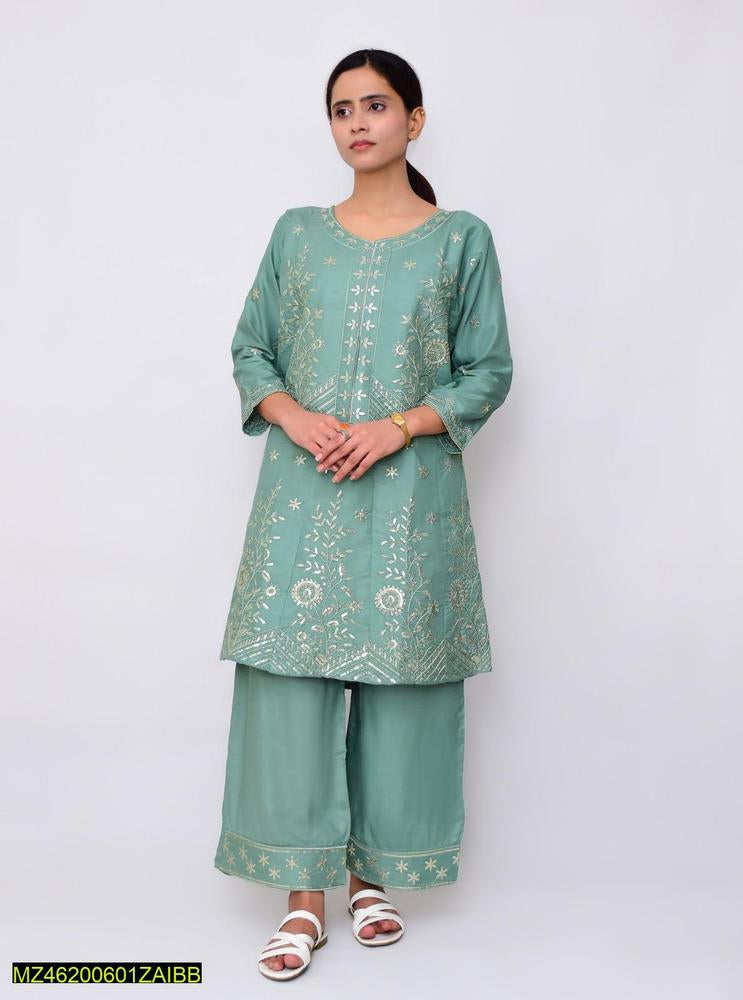 Two pieces women stitched linen frock suite Markaz