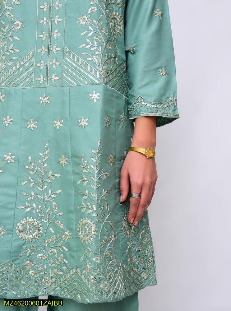 Two pieces women stitched linen frock suite Markaz