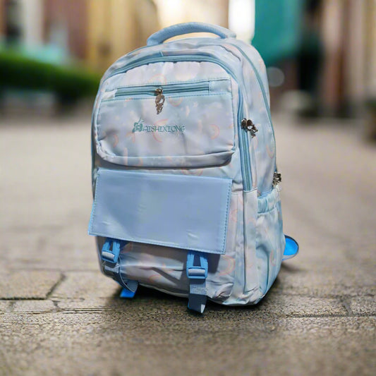 Sky Blue Printed School Bag – Multi-Pocket