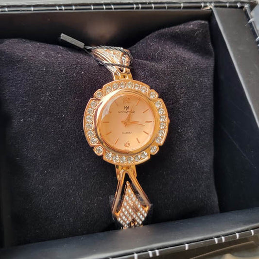 Moonstone Rose Gold Crystal-Accented Watch with Elegant Metallic Strap