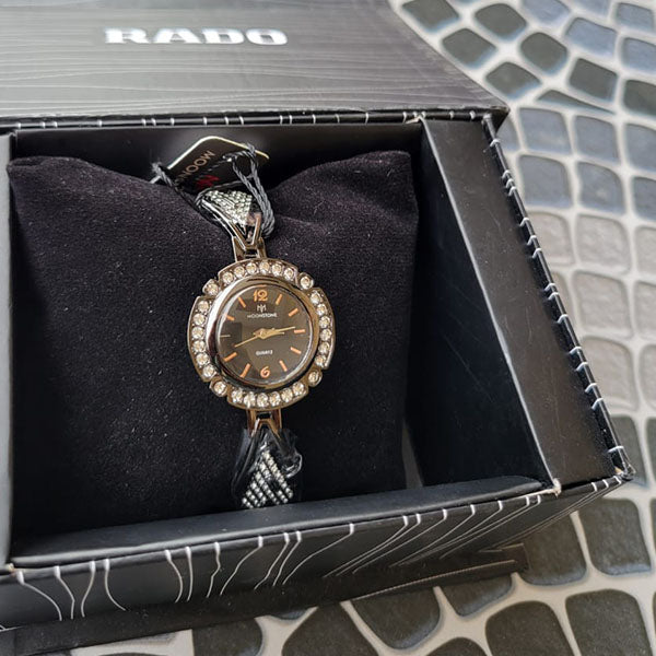 Moonstone Black Crystal-Accented Watch with Stylish Metallic Strap