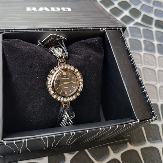 Moonstone Black Crystal-Accented Watch with Stylish Metallic Strap