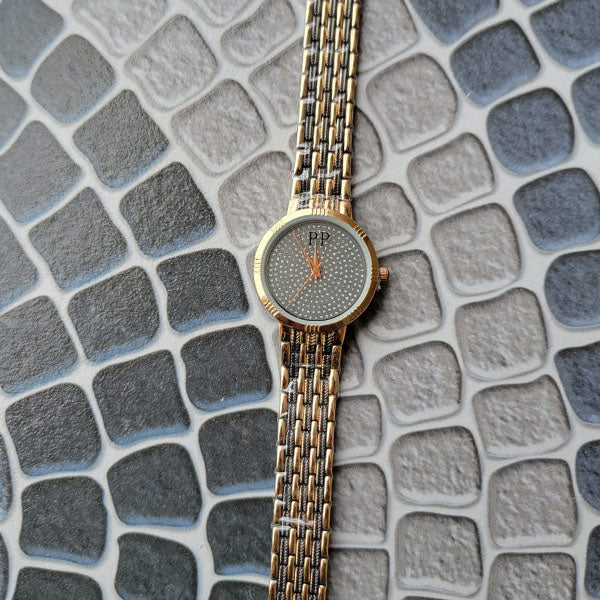 Stylish Two-Tone Mesh Band Watch with Crystal-Studded Dial