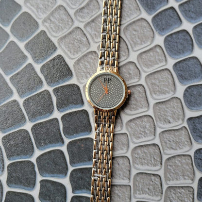 Stylish Two-Tone Mesh Band Watch with Crystal-Studded Dial