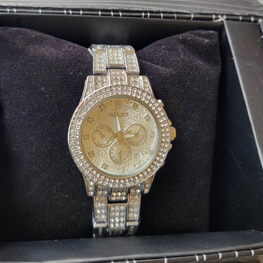 Sparkling Silver Chronograph Watch with Diamond-Accented Details