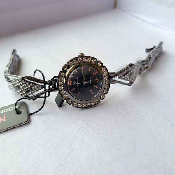 Moonstone Black Floral Watch with Crystal Accents