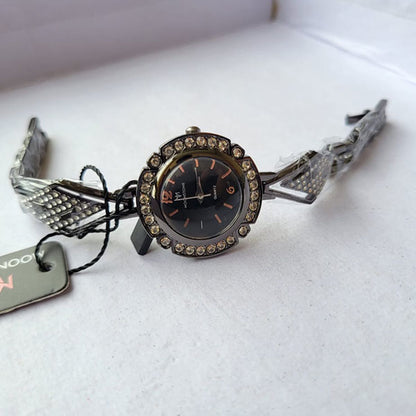 Moonstone Black Floral Watch with Crystal Accents