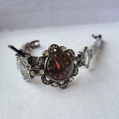 Moonstone Black Floral Watch with Crystal Accents