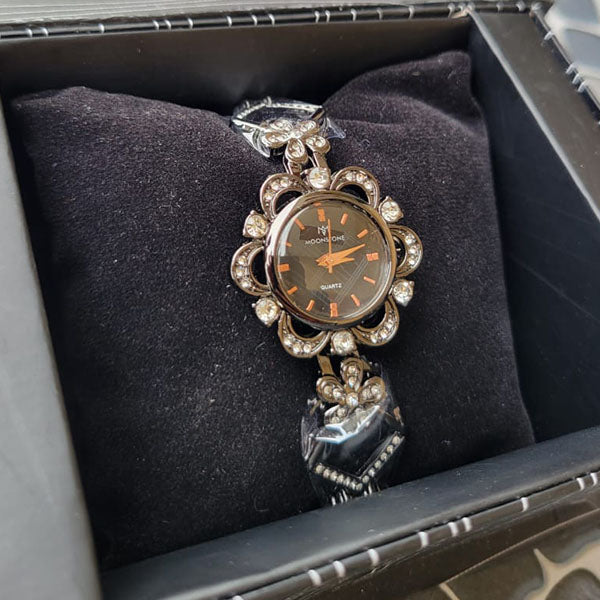 Moonstone Black Floral Watch with Crystal Accents