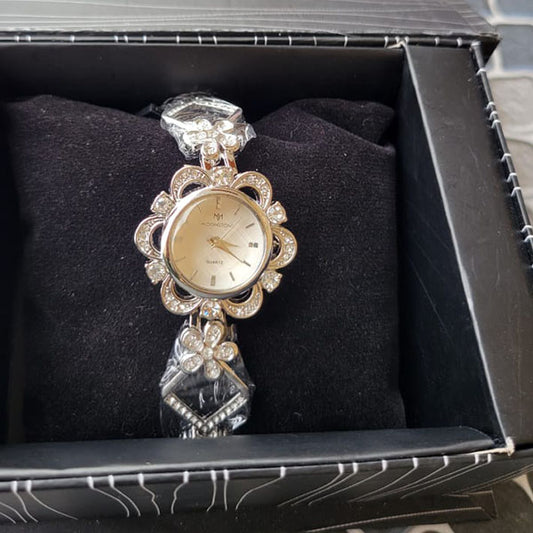 Silver Floral Women’s Watch with Diamond Accents by Moonstone