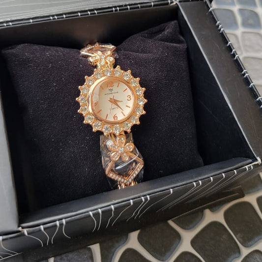 Elegant Rose Gold Floral Women’s Watch with Diamond Accents