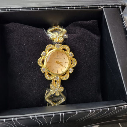 Elegant Gold Floral Design Women's Watch with Diamond Accents