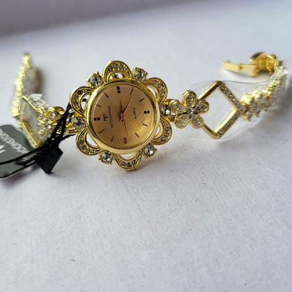 Elegant Gold Floral Design Women's Watch with Diamond Accents