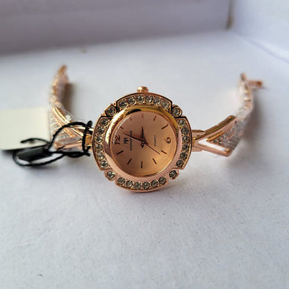 Moonstone Rose Gold Crystal-Accented Watch with Elegant Metallic Strap