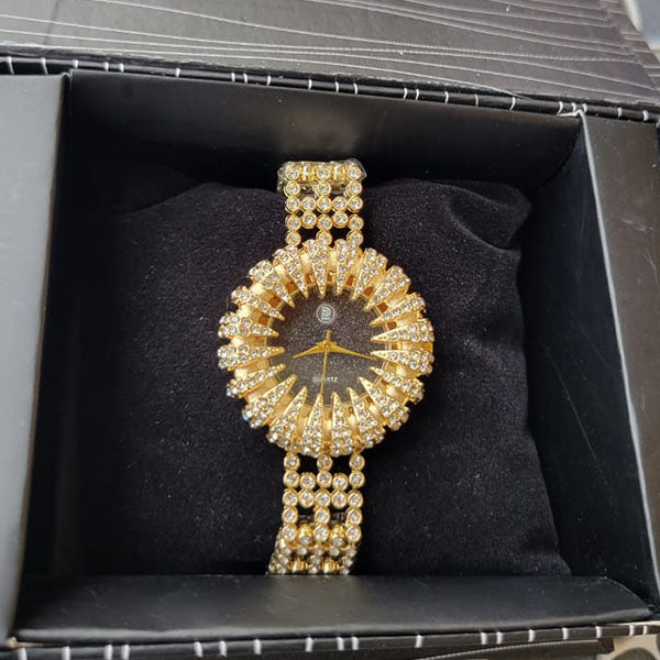 Elegant Gold & Crystal-Accented Watch with Black Dial