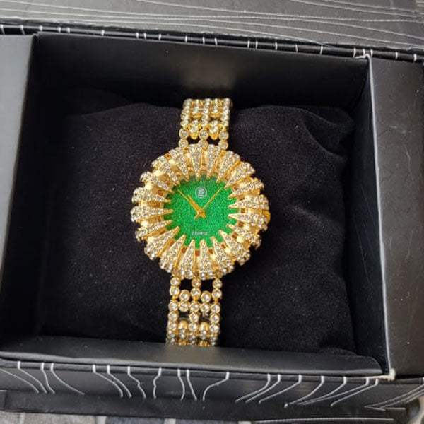 Sparkling Gold & Green Crystal-Accented Watch with Elegant Band