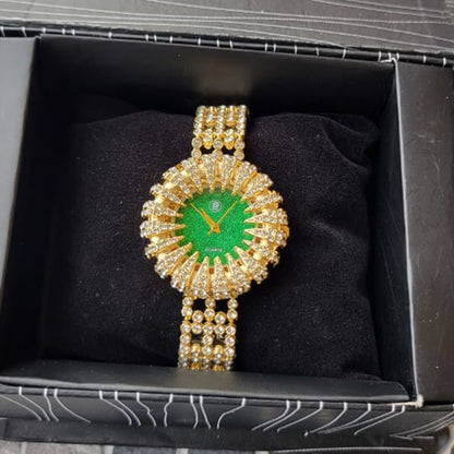 Sparkling Gold & Green Crystal-Accented Watch with Elegant Band