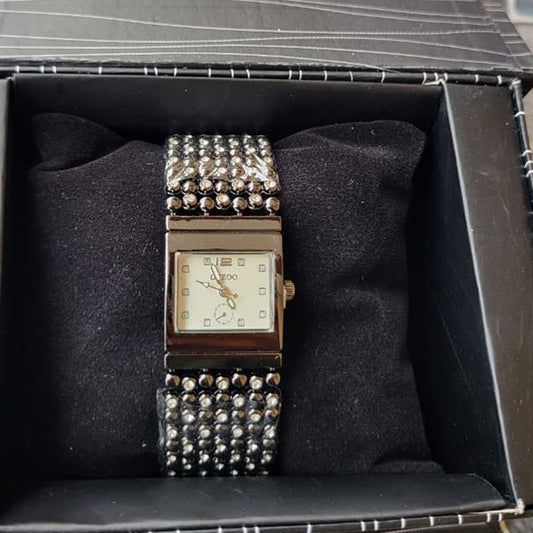 Elegant Black & Silver Beaded Bracelet Watch with Square Dial