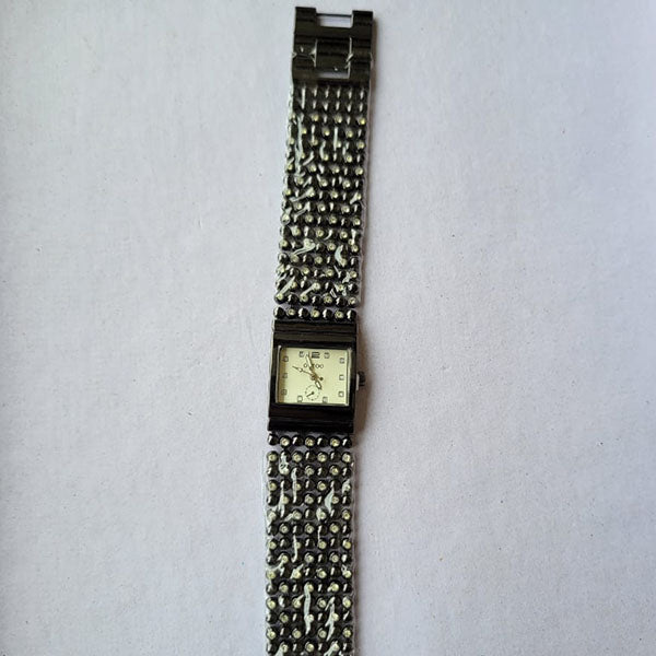 Elegant Black & Silver Beaded Bracelet Watch with Square Dial