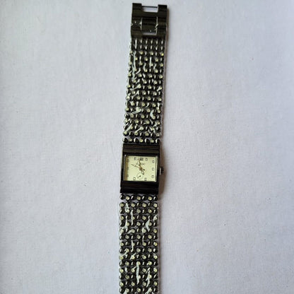 Elegant Black & Silver Beaded Bracelet Watch with Square Dial