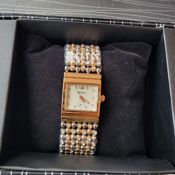 Elegant Two-Tone Beaded Bracelet Watch with Square Dial