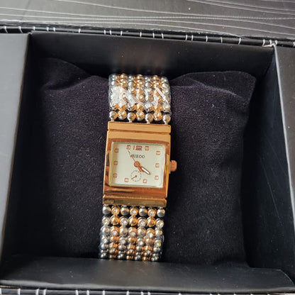 Elegant Two-Tone Beaded Bracelet Watch with Square Dial