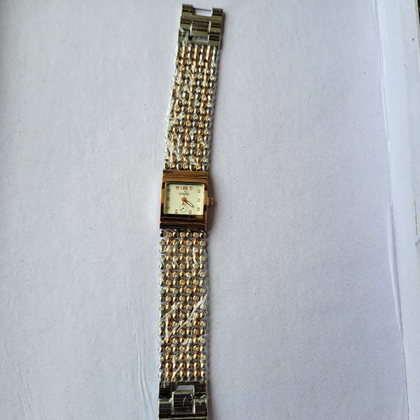 Elegant Two-Tone Beaded Bracelet Watch with Square Dial