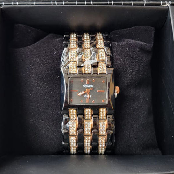 Elegant Black & Gold Crystal-Accented Square Dial Watch
