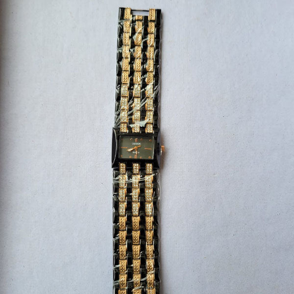 Elegant Black & Gold Crystal-Accented Square Dial Watch