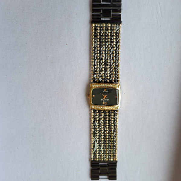 Elegant Black and Gold Crystal-Accented Quartz Watch with Mesh Band