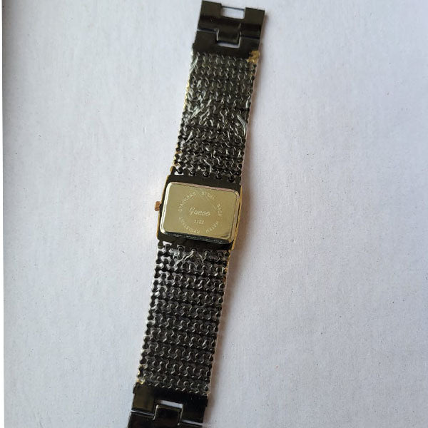 Elegant Black and Gold Crystal-Accented Quartz Watch with Mesh Band