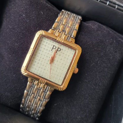 Stylish Gold & Silver Two-Tone Square Dial Watch with Crystal-Accented Face