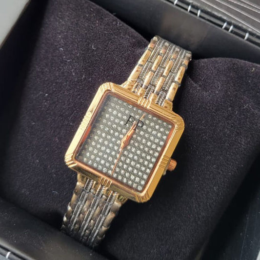 Elegant Gold-Plated Square Dial Watch with Crystal-Accented Face