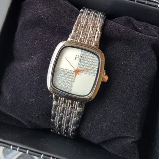Elegant Square Dial Mesh Band Watch with Crystal-Studded Design