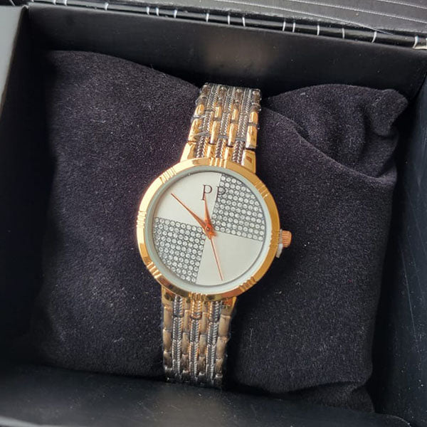 Stylish Two-Tone Mesh Band Watch with Crystal-Studded Dial