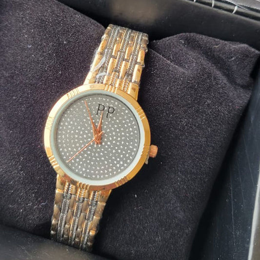 Stylish Two-Tone Mesh Band Watch with Crystal-Studded Dial